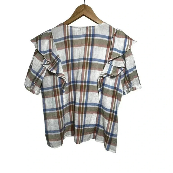 Madewell V-Neck Shoulder-Ruffle Top XL Plaid Cotton Lightweight Summer - Picture 7 of 12